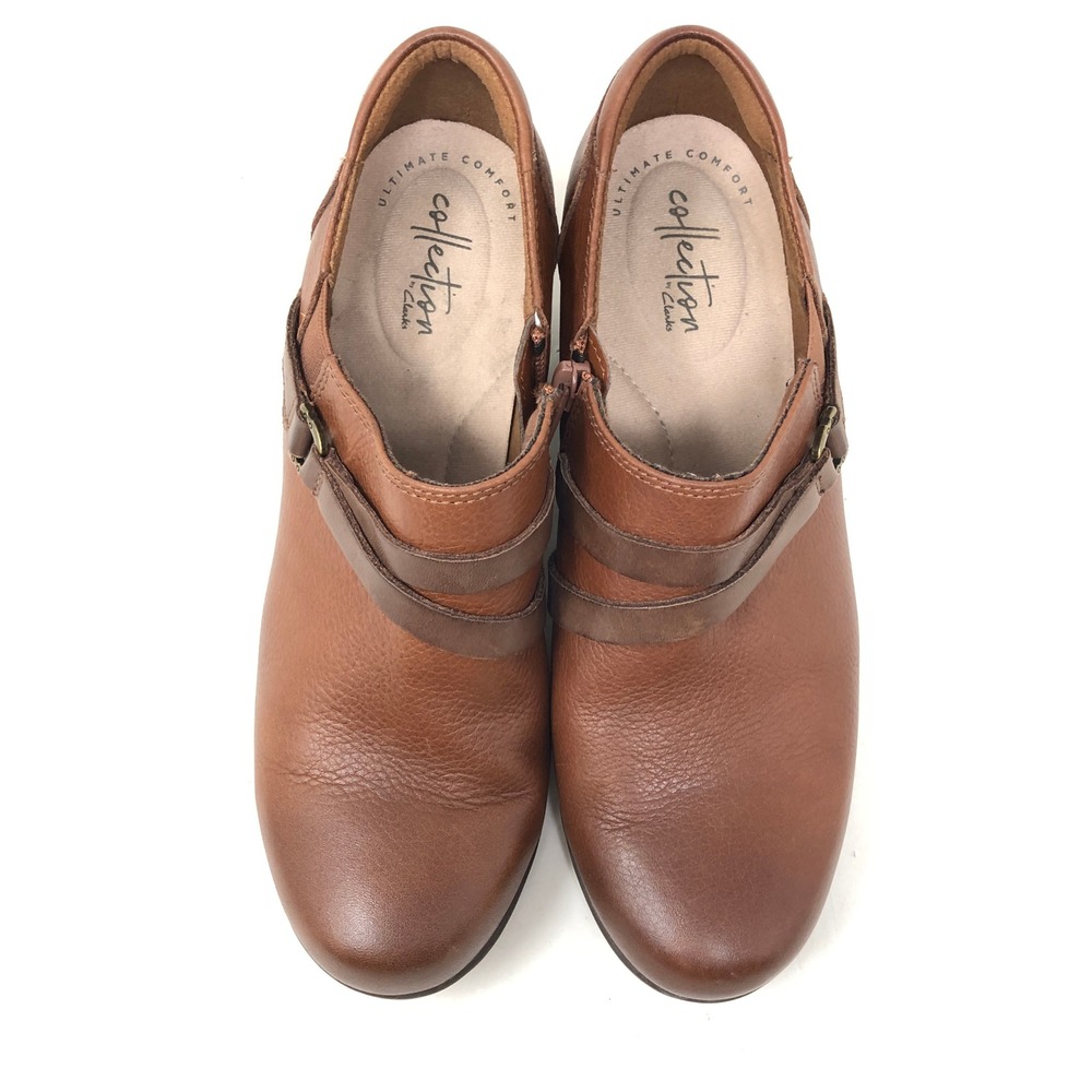Clarks Womens 7 Valerie May Ankle Booties Brown Leather Strap Comfort Heel - Picture 3 of 9